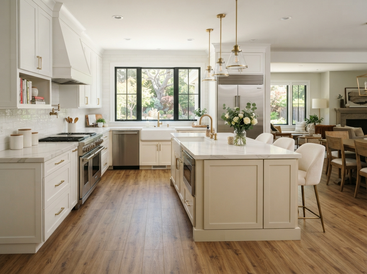 Beautiful modern kitchen remodeling with white cabinets and LVP flooring