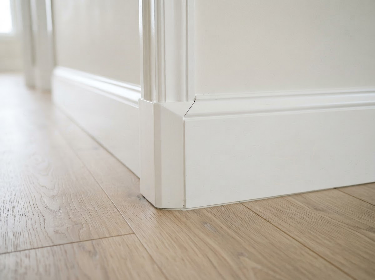 Professional white trim work and baseboards with elegant finish carpentry