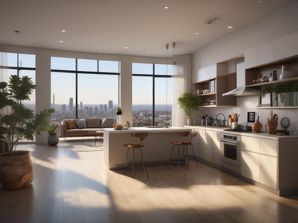 Create a realistic high-resolution photo capturing the essence of the luxury apartment market in Los Angeles, specifically focusing on the trend of flexible leasing options for furnished apartments. The composition should feature a stylish, contemporary furnished apartment interior as the primary subject. The apartment should showcase high-end finishes, elegant decor, and ample natural light streaming in through large windows that highlight the sleek furnishings and modern design.

In the background, includ