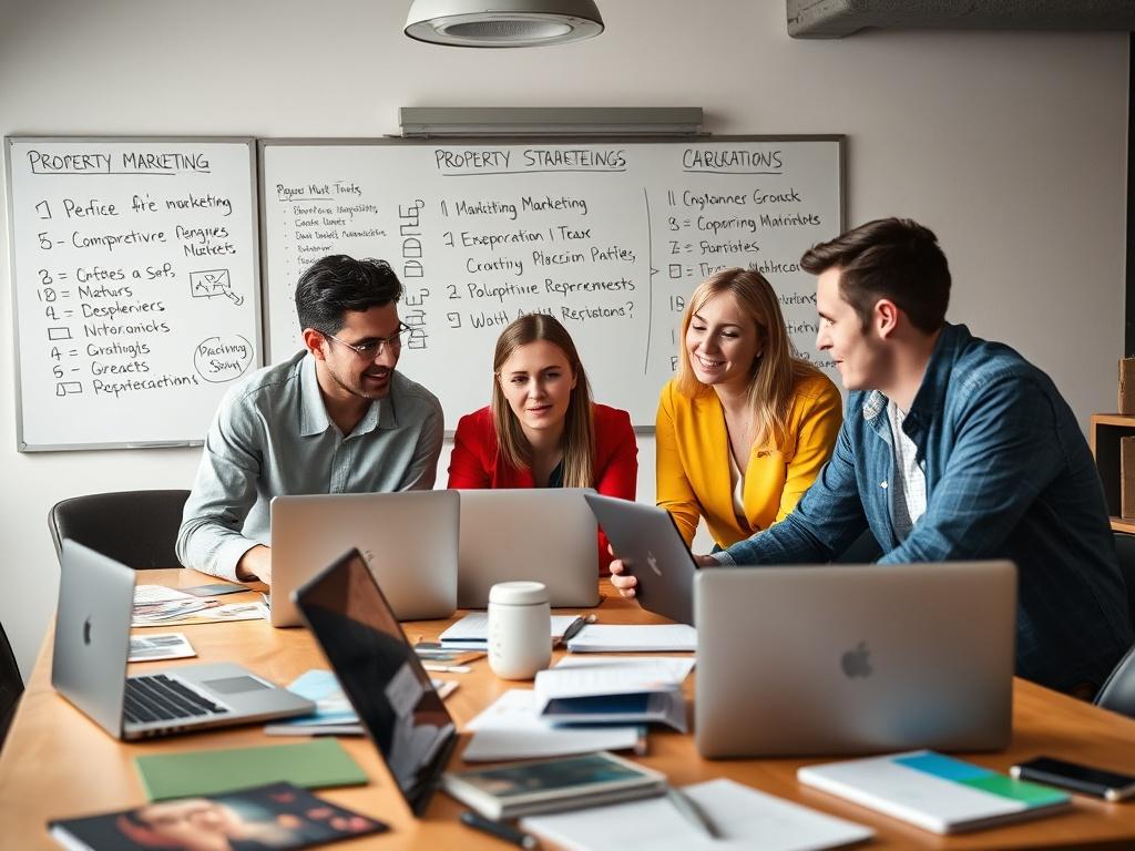A vibrant marketing team brainstorming ideas over a table filled