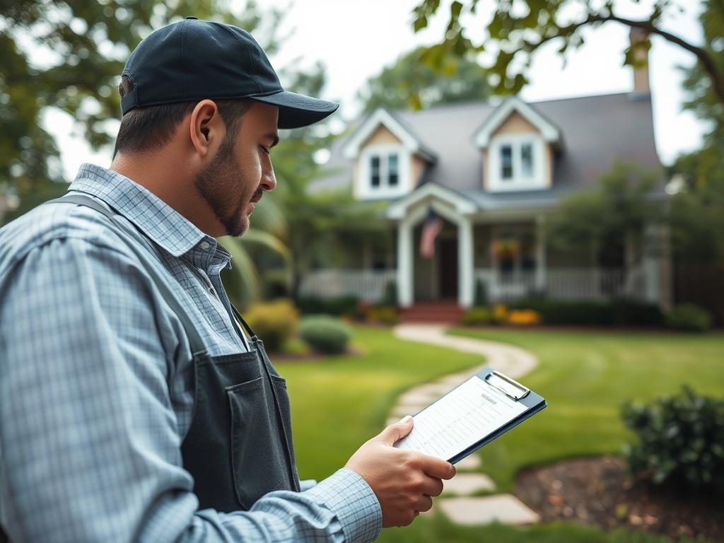 A professional inspecting a residential property, holding a clipboard, with