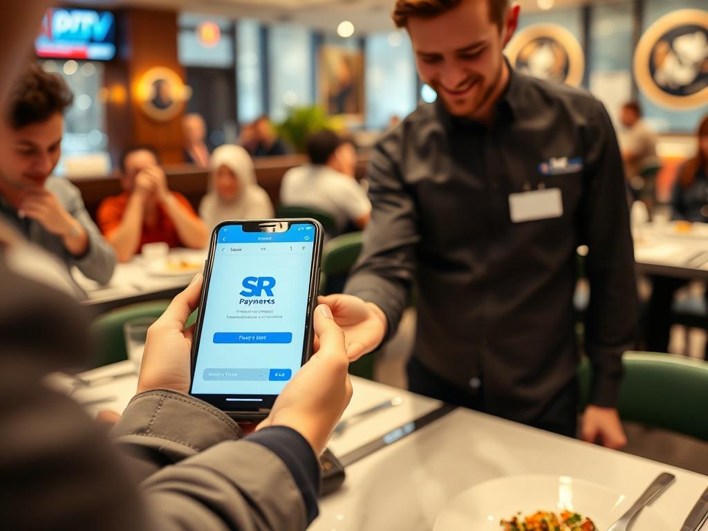 A high-resolution close-up shot of a restaurant server processing a payment using a mobile payment device at a busy restaurant. The focus should be on the payment device displaying the SR Payments interface, with customers in the background enjoying their dining experience. The image should convey a sense of efficiency and customer satisfaction.