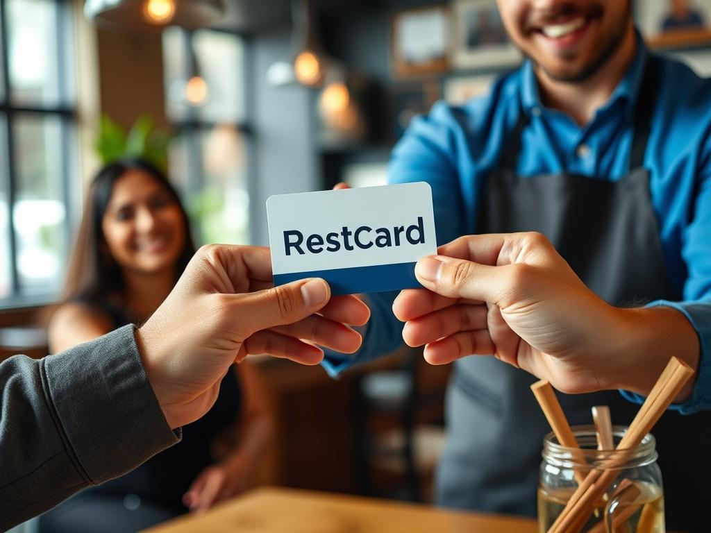 A high-resolution close-up shot of a customer receiving a RestCard loyalty card from a restaurant staff member at a welcoming restaurant environment. The focus should be on the RestCard being handed over, with smiling faces of both the customer and staff in the background. The image should reflect customer engagement and loyalty.