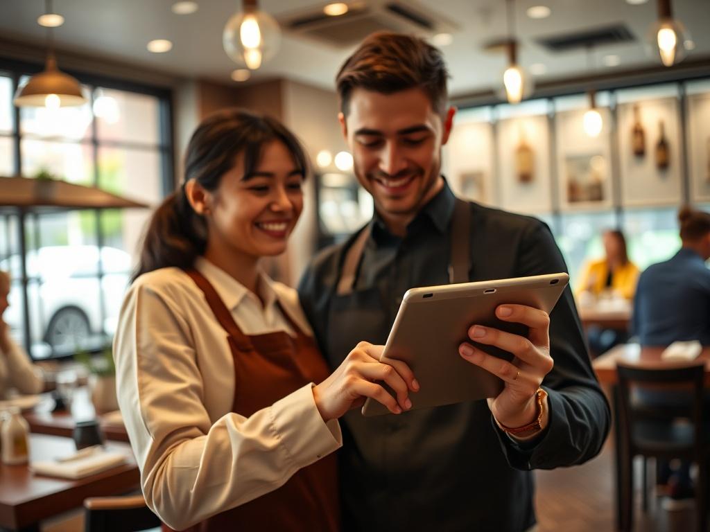 A high-resolution close-up shot of a restaurant manager using a tablet to manage restaurant operations in a cozy restaurant environment. The focus should be on the tablet screen displaying the Soft Restaurant Cloud interface, with the background showing a well-organized restaurant with customers enjoying their meals. The image should capture the essence of modern restaurant management.