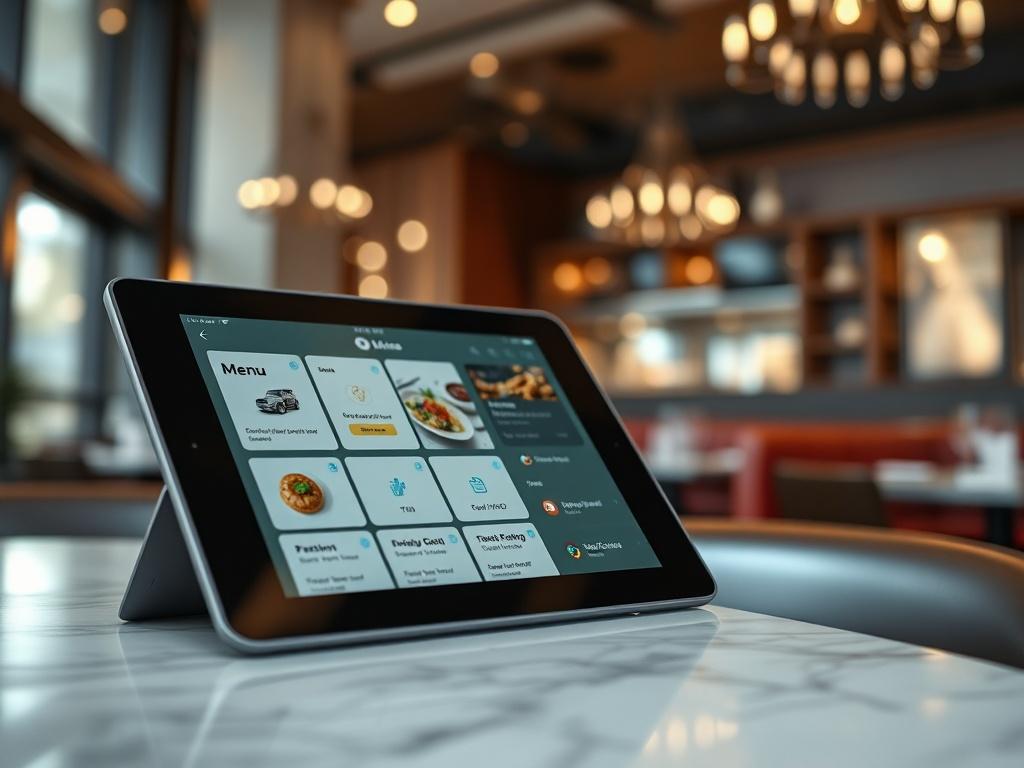 A hyper-realistic close-up shot of a modern restaurant interface on a tablet, showcasing digital menu options and payment solutions, with a blurred background of a stylish restaurant interior. The image should convey innovation and technology in the dining experience.
