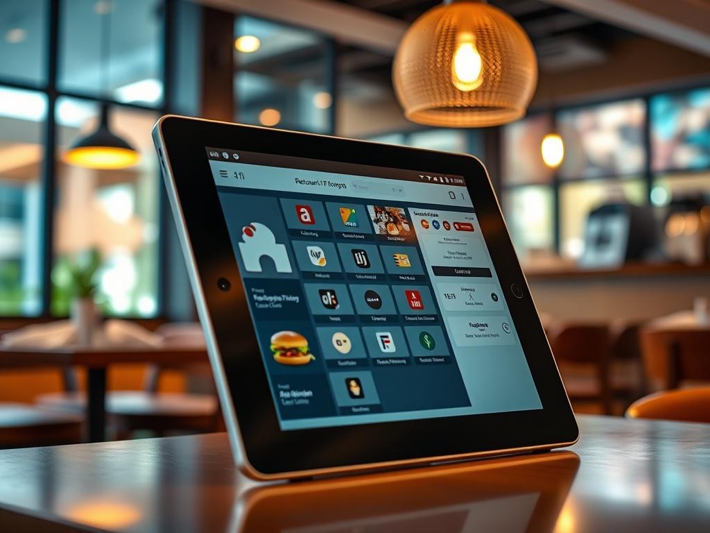 A hyper-realistic, high-resolution close-up of a sleek tablet displaying the Soft Restaurant Cloud interface with a modern restaurant in the background. The scene is well-lit, showcasing the tablet's features clearly, and emphasizes a vibrant and inviting atmosphere.