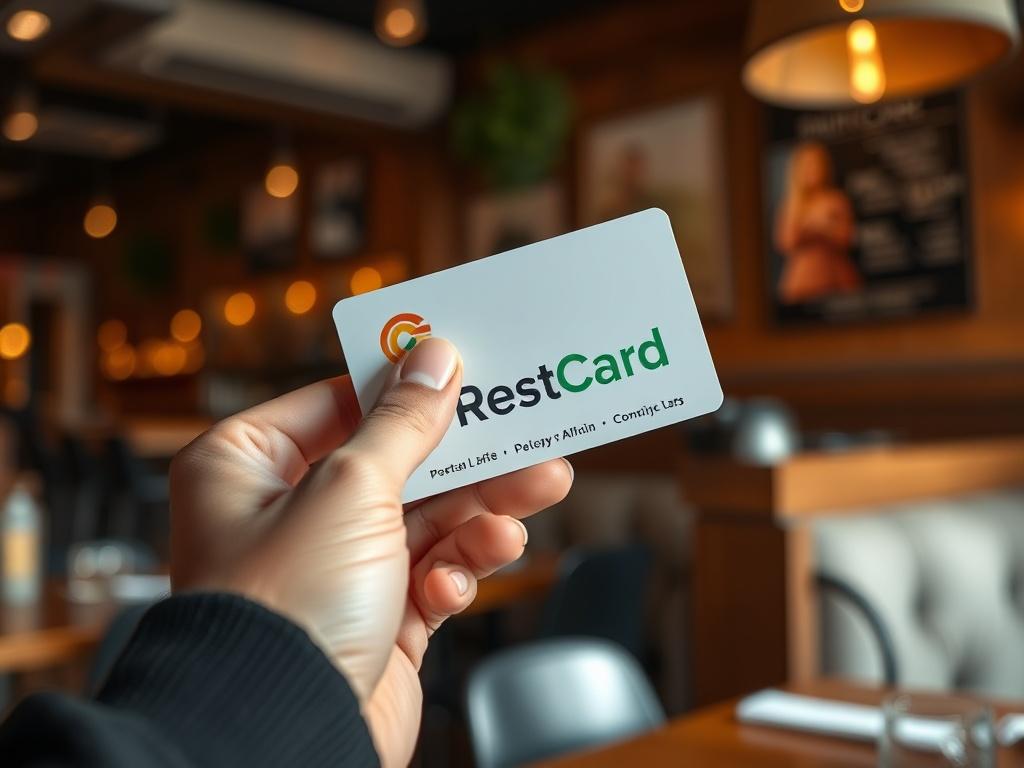 A hyper-realistic, high-resolution close-up of a RestCard loyalty card held in a customer's hand, with a warm and inviting restaurant environment in the background. The card should be visually appealing, showcasing its design and branding.