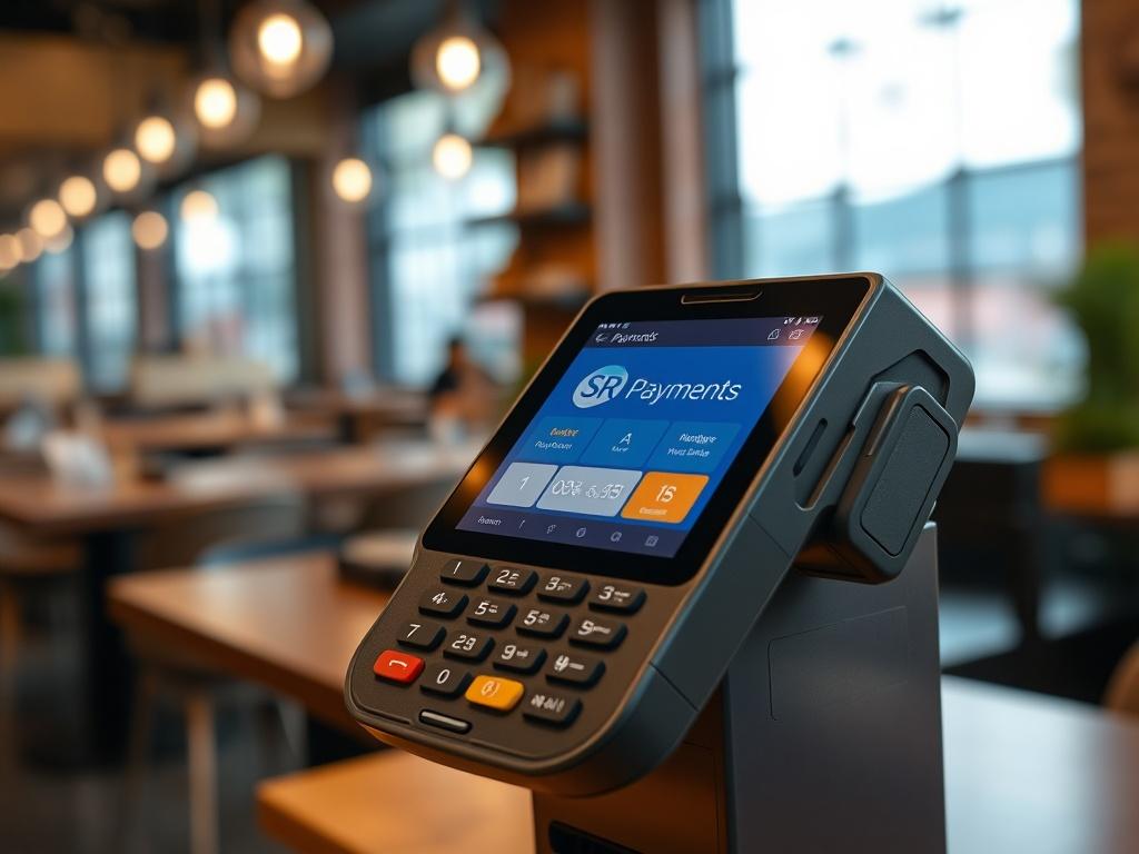 A hyper-realistic, high-resolution close-up of a modern payment terminal displaying SR Payments interface, with a blurred restaurant scene in the background. The terminal should look sleek and user-friendly, emphasizing the ease of use.