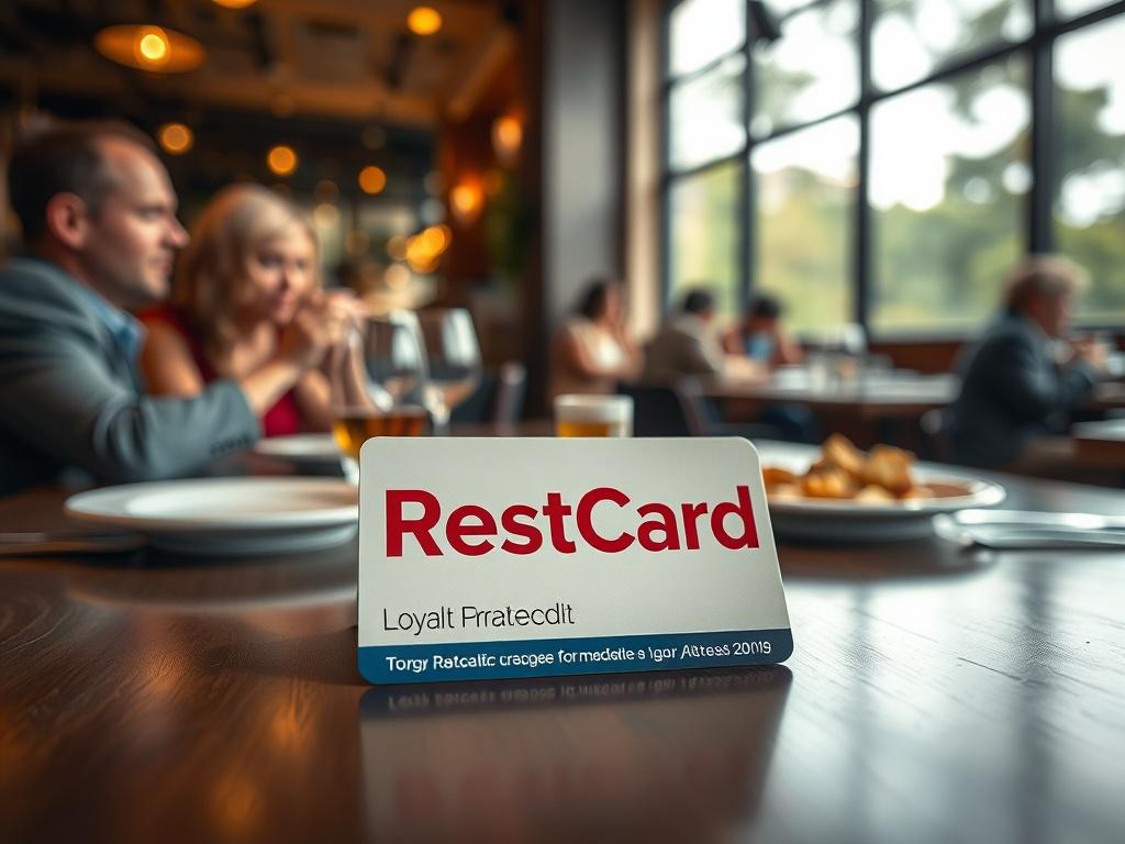 A hyper-realistic close-up of a RestCard loyalty card placed on a restaurant table, with a blurred background of diners enjoying their meals.