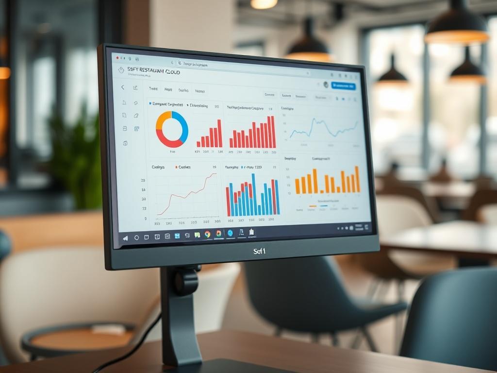 A hyper-realistic close-up of a computer screen displaying the Soft Restaurant Cloud interface, with charts and graphs showing restaurant analytics. The background should be blurred, focusing on the screen with a modern office setting.