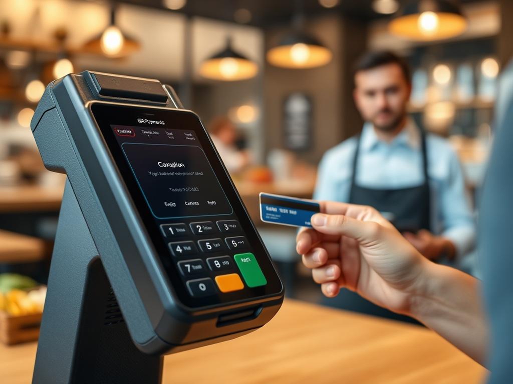 A hyper-realistic close-up of a payment terminal displaying the SR Payments interface, with a customer using a credit card. The background should be a modern restaurant setting, slightly blurred.