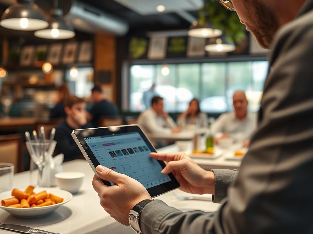 A close-up shot of a restaurant manager using the Soft Restaurant Cloud software on a tablet, showcasing a vibrant restaurant atmosphere in the background, with customers enjoying their meals. The image should reflect an organized workspace with the software interface visible.