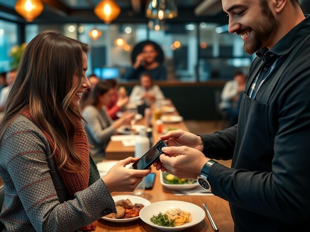A close-up shot of a customer using a mobile payment system at a restaurant, with a friendly server assisting them. The background shows a lively restaurant with happy diners, creating a welcoming atmosphere.