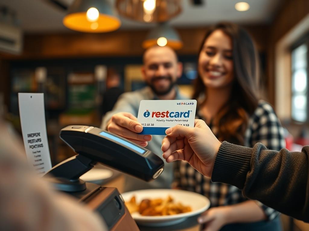 A close-up shot of a RestCard loyalty card being scanned at a restaurant checkout, with a satisfied customer smiling in the background. The restaurant setting should feel warm and inviting, emphasizing customer engagement.