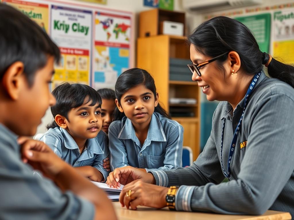 A high-resolution photo of a teacher at Vivekananda Public School Naragund interacting with students in a classroom setting. The focus should be on the teacher engaging with the students, with educational posters and materials in the background. The atmosphere should reflect a warm and inviting learning environment.