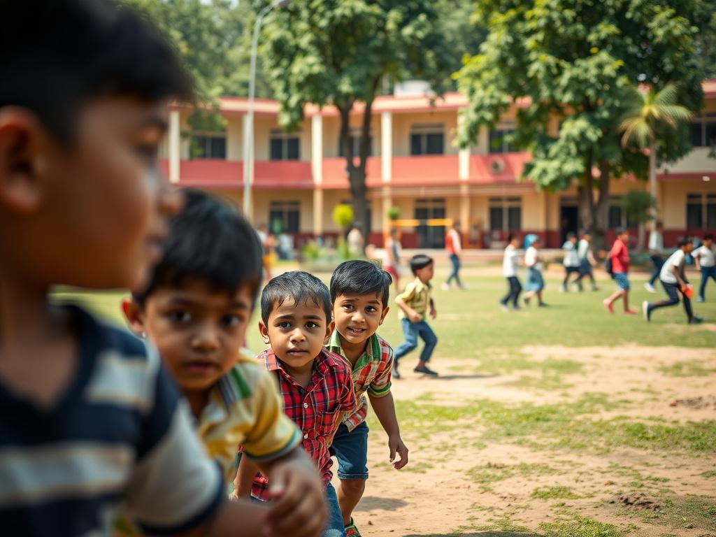 A high-resolution photo of the playground at Vivekananda Public School Naragund, showcasing children engaged in various outdoor activities. The composition should capture the vibrant and energetic atmosphere of the playground, with school buildings visible in the background, surrounded by greenery.