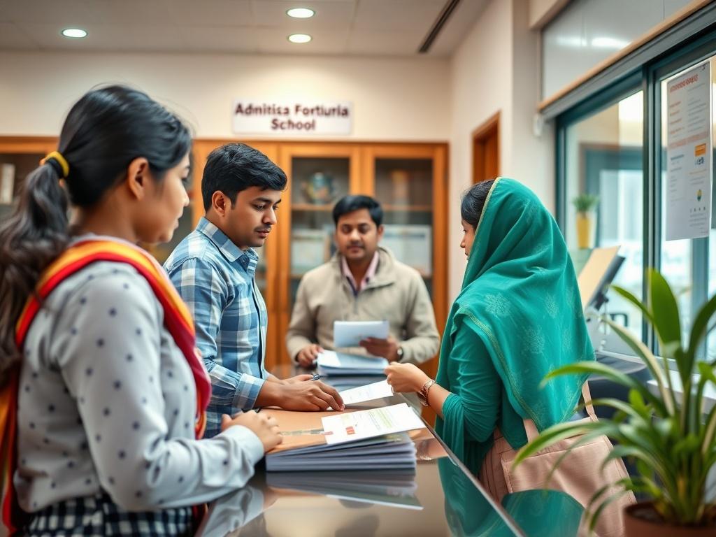 A high-resolution photo of the school office at Vivekananda Public School Naragund, where parents are interacting with admission staff. The scene should reflect a welcoming and organized environment, with brochures and information materials readily available for visitors.