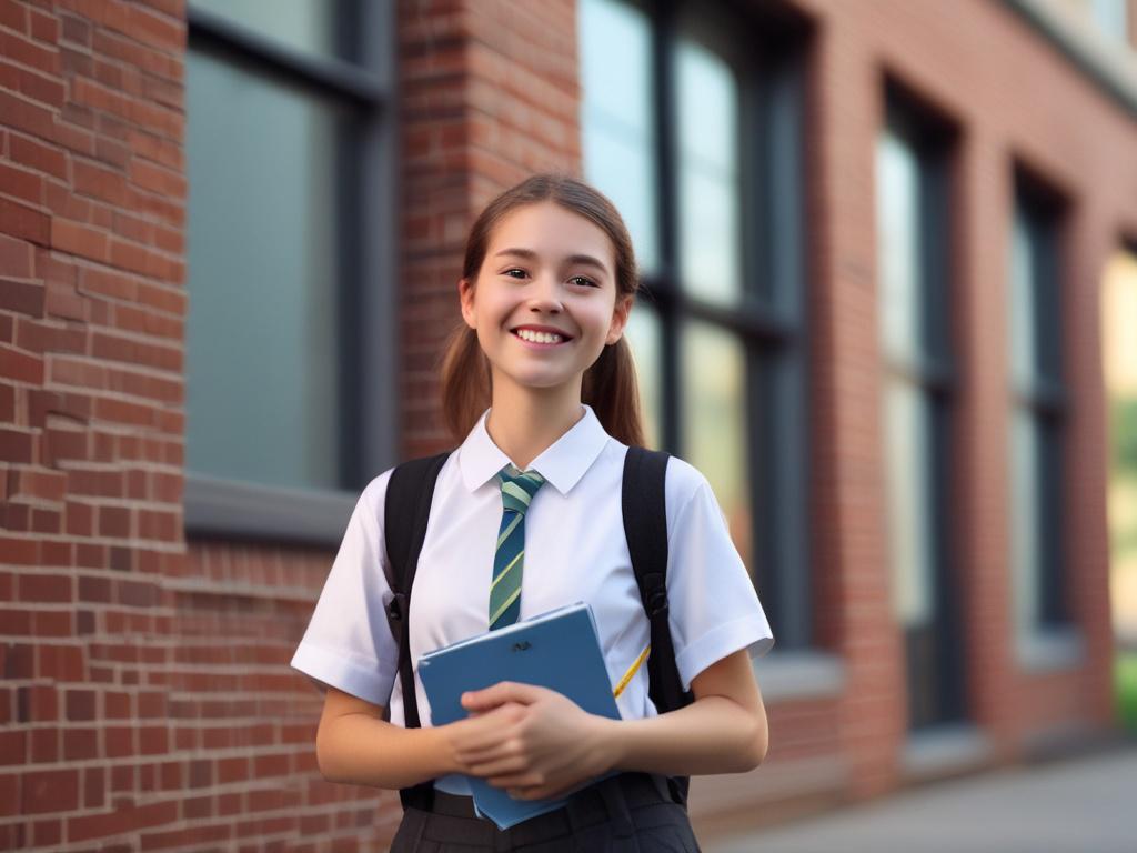 A close-up shot of a confident young student in school uniform, smiling brightly, holding books, standing in front of a modern school building. The background is softly blurred with greenery and blue sky. The image is hyper-realistic, focused with a 45mm f/1.2 lens style, featuring natural light that highlights the student's face. The primary color rgb(50, 170, 39) is subtly reflected in the environment, such as leaves or school elements.