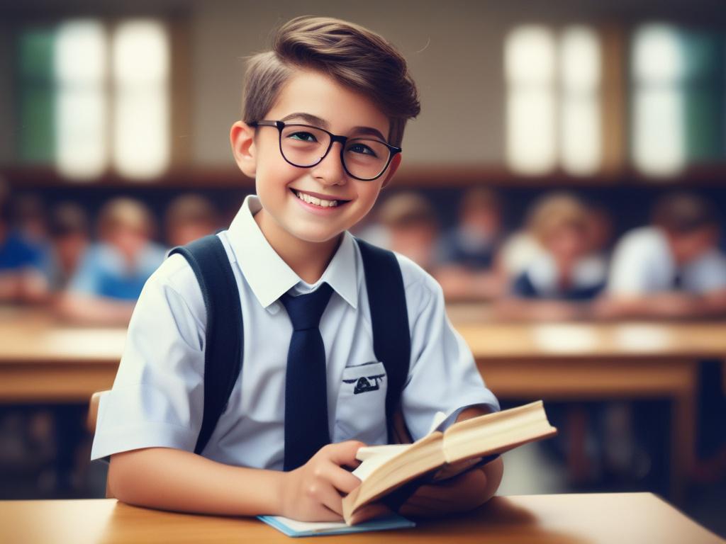 A close-up shot of a confident young student in a school uniform, smiling and holding a book, set against a soft blurred background of a modern classroom. The image is hyper-realistic, captured with a 45mm f/1.2 lens style, emphasizing sharp details on the student's face and book. The primary color rgb(50, 170, 39) subtly reflected in the book cover and the classroom decor, symbolizing growth and knowledge.