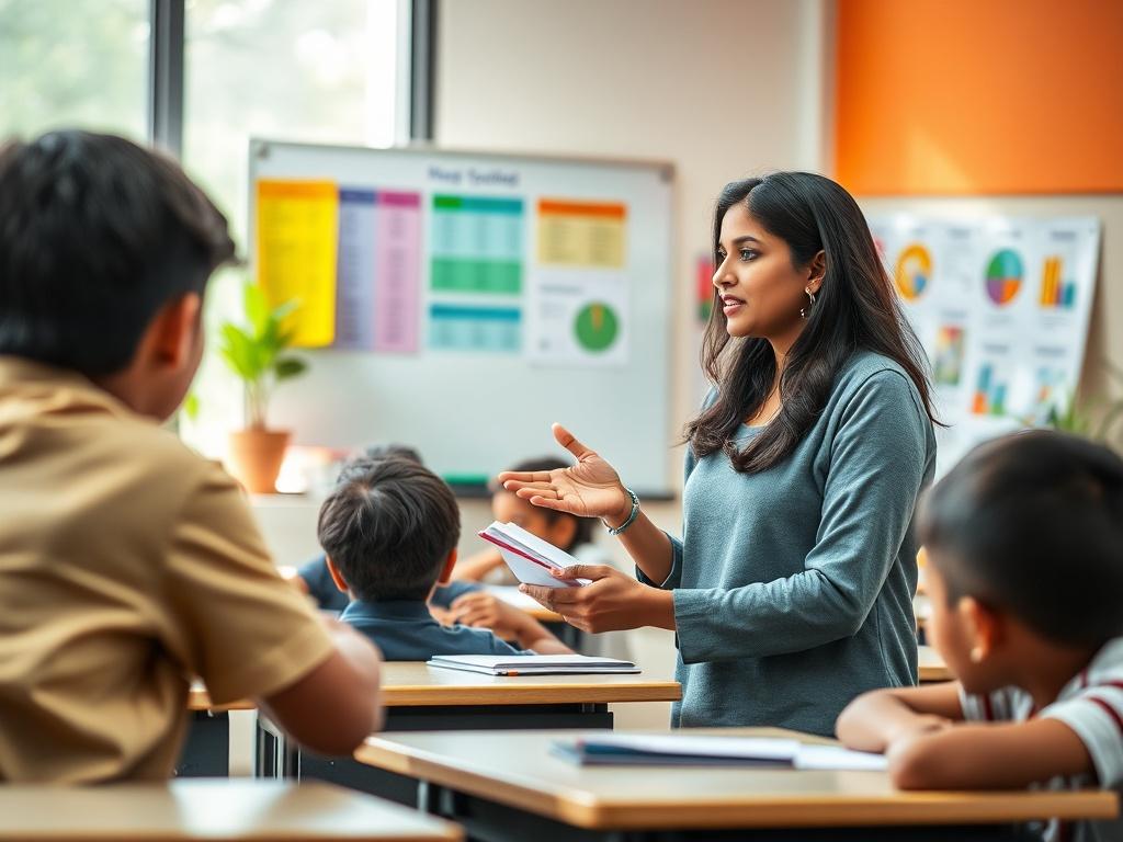 Create a realistic high-resolution photo focusing on a single subject: a well-organized classroom setting that conveys the essence of a CBSE-affiliated school. The composition should be simple and clear, featuring a teacher (an Indian woman in her 30s) presenting educational material to a group of attentive students. The teacher should be shown engagingly explaining a concept, with a whiteboard in the background displaying colorful charts related to CBSE curriculum subjects such as math or science (without 