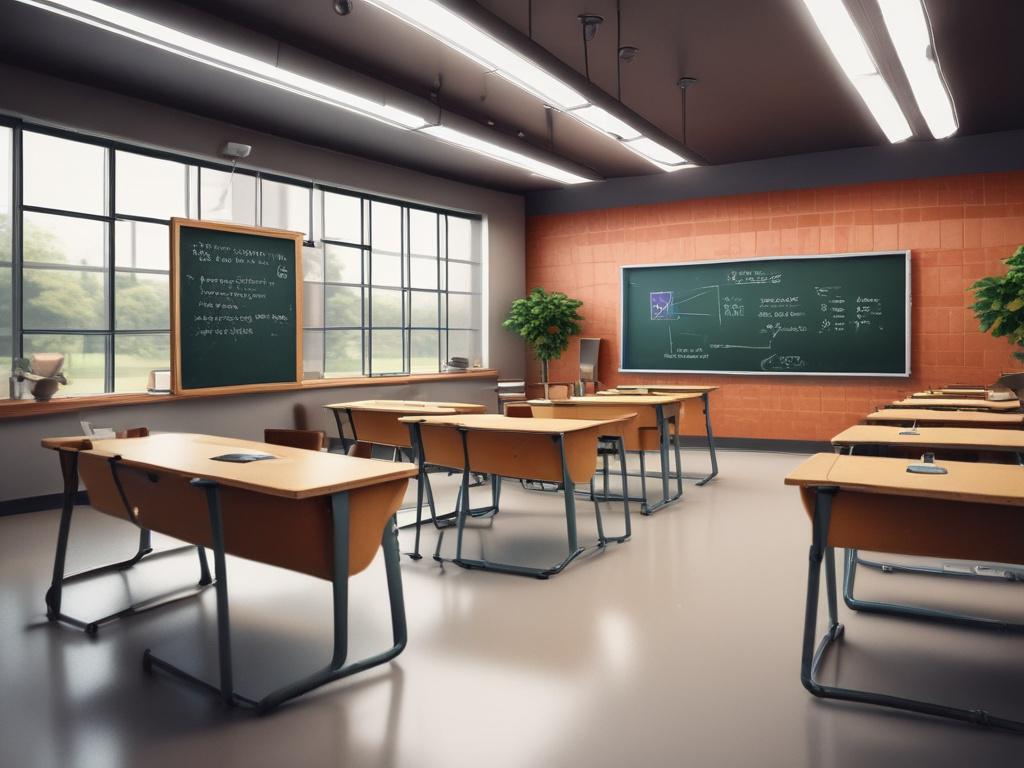 A close-up shot of a modern classroom interior showing a digital smart board, ergonomic desks, and bright lighting, captured with a 45mm f/1.2 lens style, hyper-realistic, with prominent rgb(50, 170, 39) accent colors, clean and inviting atmosphere.