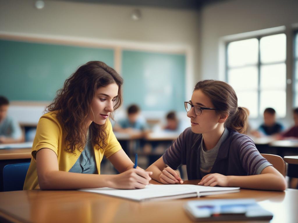 A close-up shot of a teacher engaging with a student in a classroom setting, warm and focused expression, captured with a 45mm f/1.2 lens style, hyper-realistic, featuring rgb(50, 170, 39) highlights, simple and clear composition.