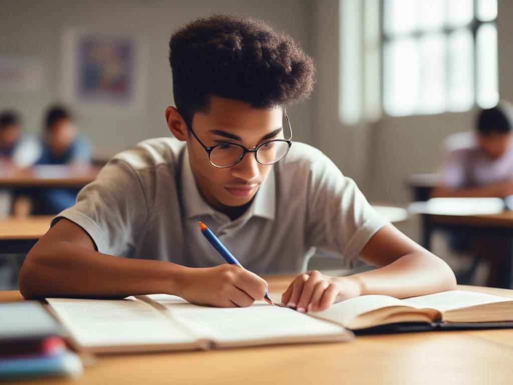 A close-up shot of a focused student studying a textbook in a bright classroom with modern educational tools around, captured with a 45mm f/1.2 lens style, hyper-realistic, vibrant colors compatible with rgb(50, 170, 39), simple background with soft natural light.