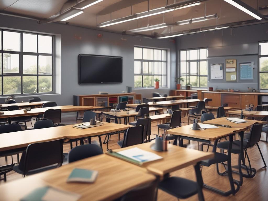A hyper-realistic close-up photo of a modern classroom interior with ergonomic desks and digital smart boards, captured with a 45mm f/1.2 lens style. The image features soft natural lighting with green accents in the decor matching the rgb(50, 170, 39) color scheme, showcasing a clean and inviting educational space.