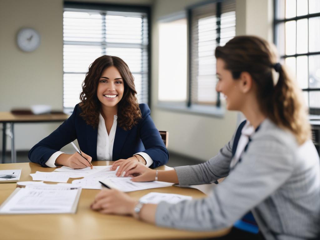 A detailed, realistic close-up photo of a smiling school administrator assisting parents with admission forms, shot with a 45mm f/1.2 lens style. The background has subtle green hues (rgb(50, 170, 39)) to align with the school's primary color, conveying a welcoming and professional atmosphere.