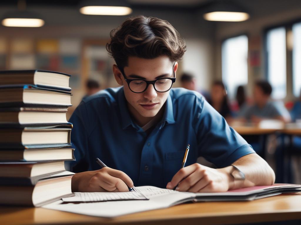 A realistic high-resolution photo of a classroom setting featuring a focused student studying with textbooks and a laptop, captured in a close-up shot using a 45mm f/1.2 lens style. The background is softly blurred with hints of green tones (rgb(50, 170, 39)) to complement the school's primary color, reflecting a calm and studious environment.