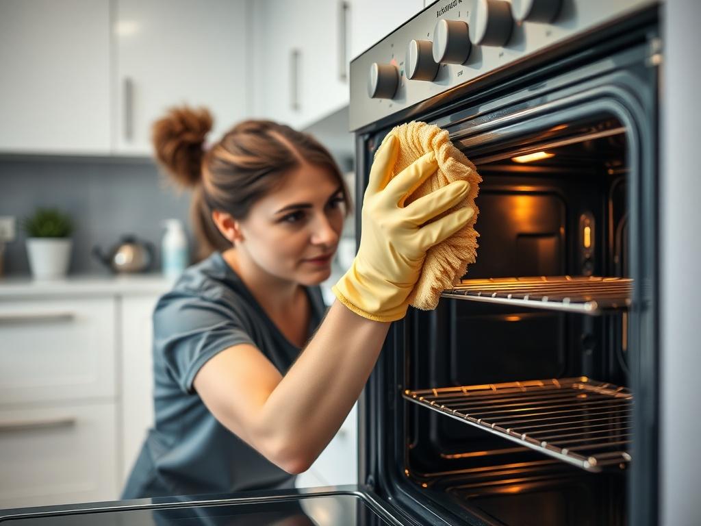 A close up shot of a cleaner scrubbing an oven