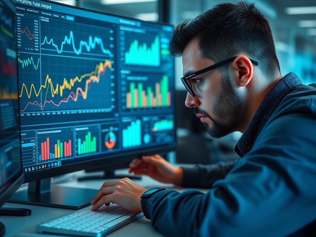 A close-up shot of a data analyst working with graphs and charts on a computer screen, deeply focused on the analysis. The workspace is modern and organized, with data visualizations prominently displayed. The atmosphere is professional and analytical, encouraging a sense of precision. The colors in the image should match rgb(193, 153, 87).