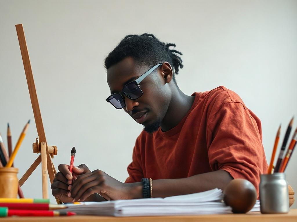 Create a high-resolution photo of a Black creator passionately engaged in a creative process, such as painting or writing. The background should be minimalistic with clean lines, emphasizing the subject. Use bold, vibrant colors to reflect the Afro-futuristic style. Ensure the lighting highlights the creator's focused expression, capturing the essence of empowerment and creativity.