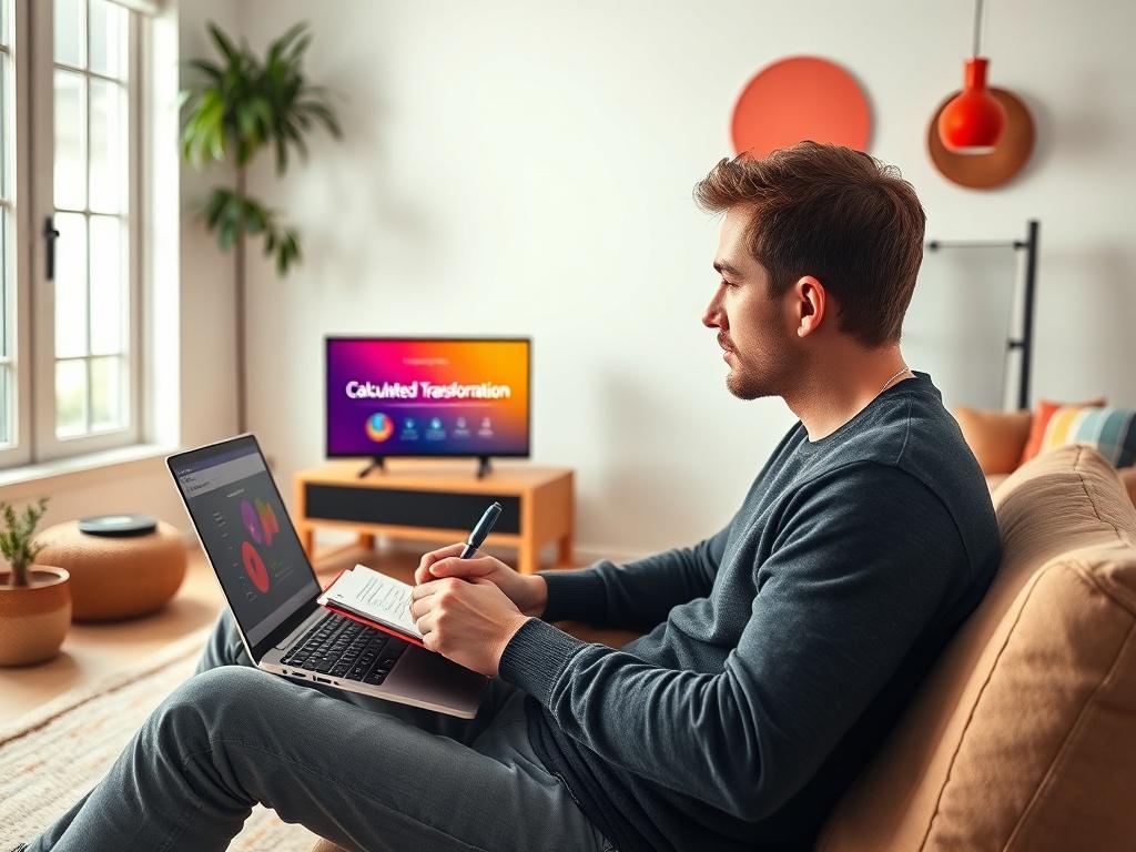 A focused individual taking notes during a live webinar, surrounded by a cozy, minimalistic workspace. The setting is well-lit with a laptop open, displaying a colorful presentation slide about 'Calculated Transformation'. The background is clean and organized, emphasizing a sense of clarity and structure, with a vibrant color palette featuring earthy tones and bold accents.