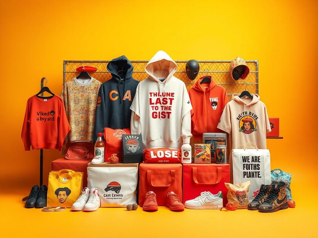 A vibrant display of various Afro-Futuristic merchandise, including clothing and accessories, set against a colorful backdrop. The items are artistically arranged to highlight unique designs and messages, creating an inviting and empowering visual.