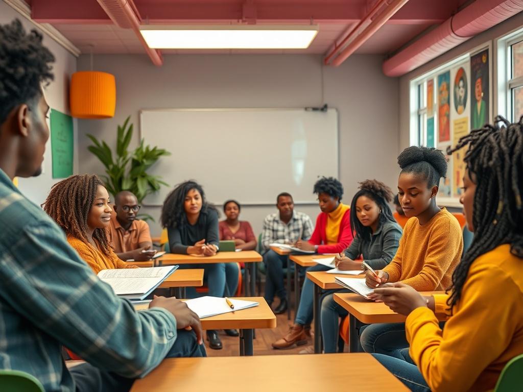 A vibrant classroom setting featuring a diverse group of students engaged in a transformational class. The atmosphere is energetic and inspiring, with colorful Afro-futuristic decor. The instructor is leading a discussion, and students are taking notes, showcasing a sense of community and empowerment.