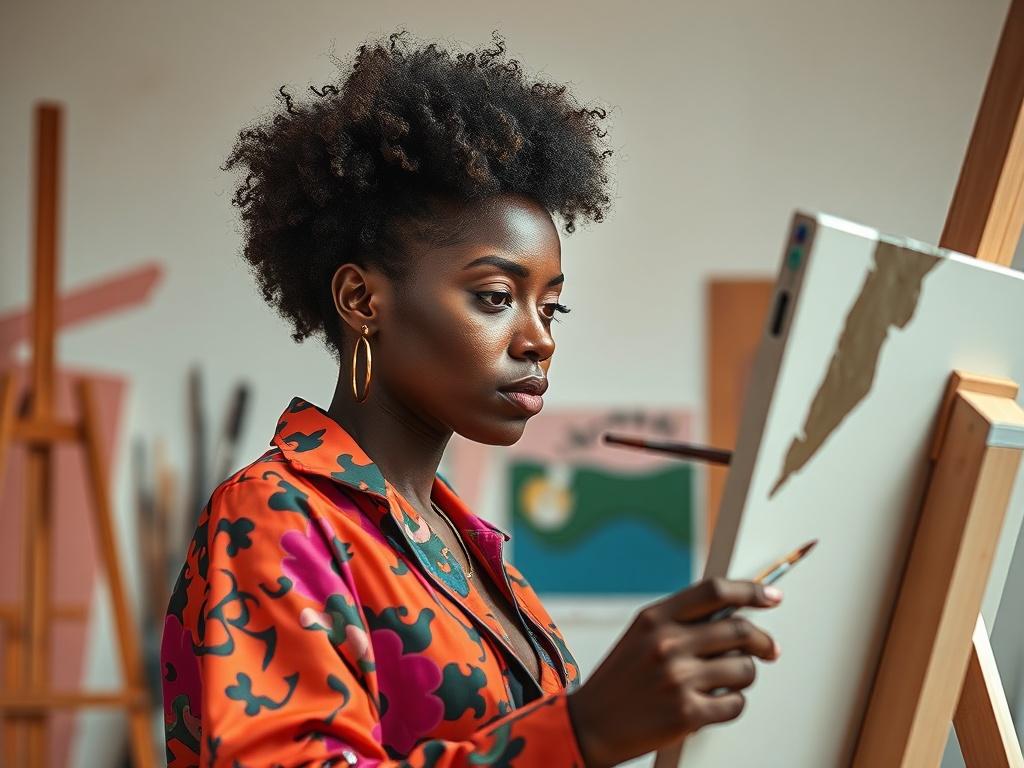 **AI Image Generation Prompt:**

Create a realistic high-resolution photo that illustrates the concept of "Transformational Classes for Black Creators." The image should feature a single subject: a Black woman engaged in a creative activity, such as painting on a canvas. She should be depicted in a moment of deep concentration, showcasing passion and creativity in her expression. 

The woman should have a confident posture, and her natural hairstyle should represent authenticity and cultural pride. She shou
