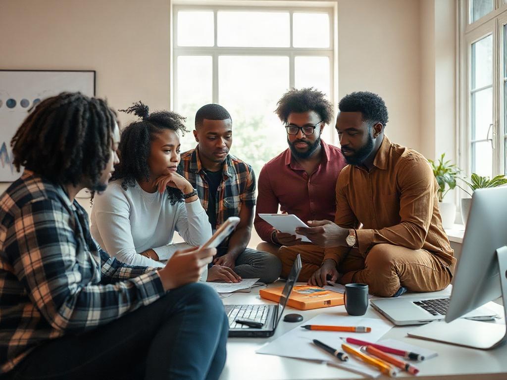 A vibrant, Afro-futuristic scene depicting a diverse group of Black creators engaged in a collaborative planning session. The setting is bright and inspiring, featuring modern technology and creative materials scattered around a sleek, minimalistic workspace. The background shows a large window with sunlight streaming in, illuminating the group as they discuss ideas and sketch out plans on a digital tablet.