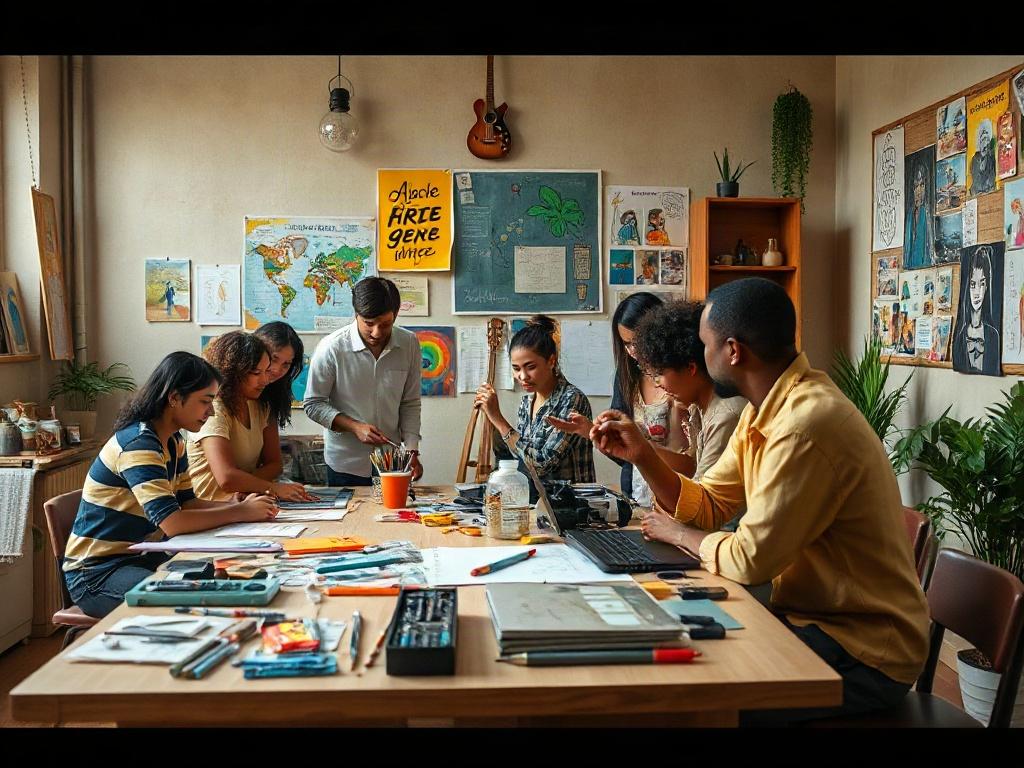 A diverse group of creative individuals collaborating around a large table, surrounded by art supplies, musical instruments, and project materials. The setting is vibrant and colorful, showcasing creativity in action. The background is lively, with artwork and inspiration boards that reflect a strong sense of community and innovation.