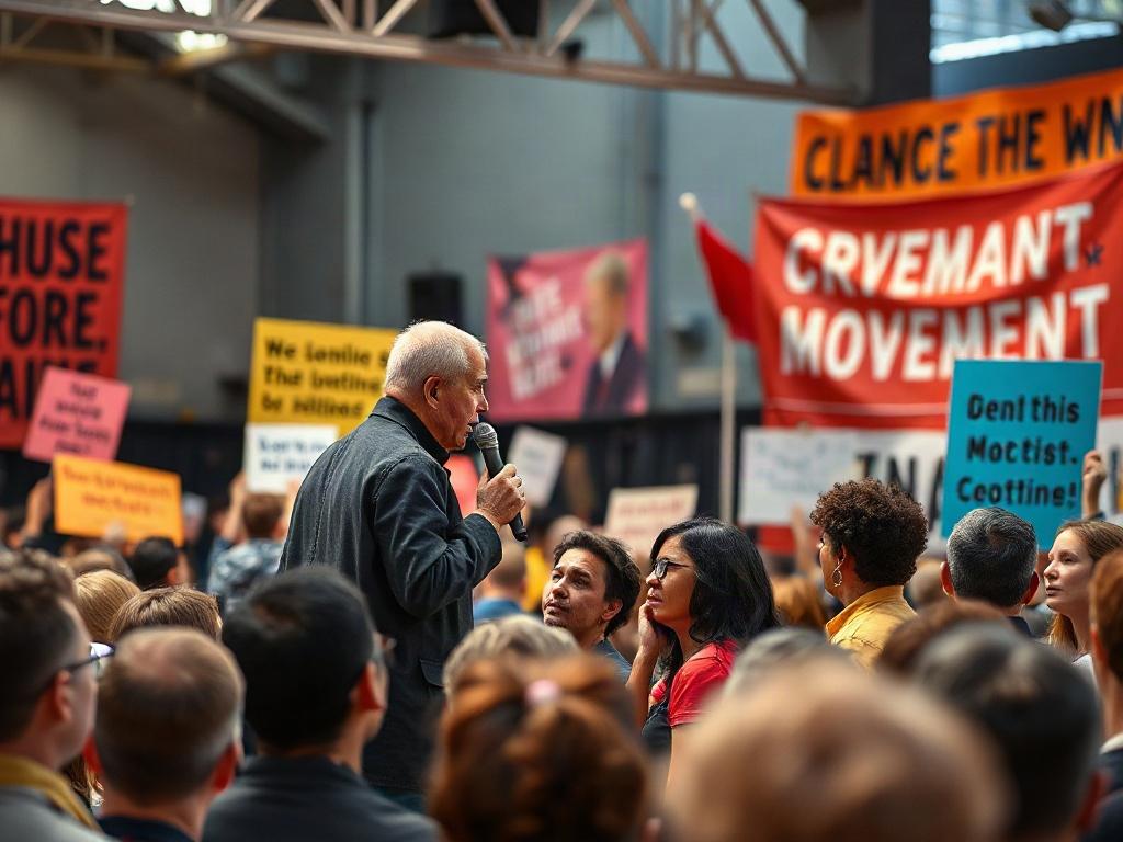A passionate speaker addressing an engaged audience at a vibrant event, with banners and visuals promoting a movement. The atmosphere is electric, filled with energy and enthusiasm. The background features bold colors and uplifting imagery, emphasizing community, empowerment, and action.