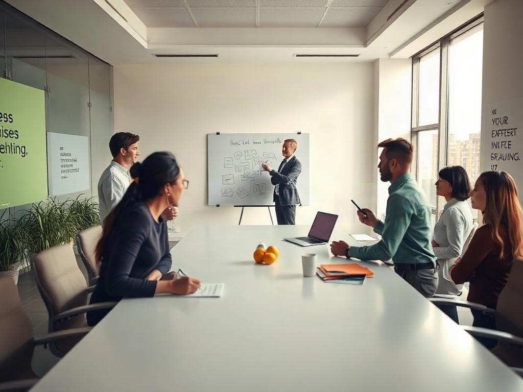 A diverse group of professionals in a well-lit conference room, discussing and brainstorming ideas around a large table. One person stands at a whiteboard, illustrating key points, while others take notes and engage actively. The room showcases a modern design with large windows, bright colors, and inspirational quotes on the walls, creating an atmosphere of innovation and teamwork.