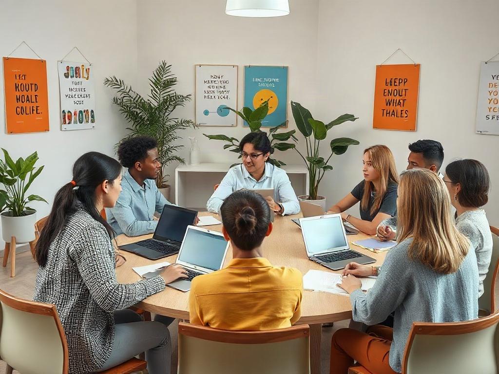 A group of diverse individuals engaged in a workshop, sitting at a round table with laptops and notebooks, focused on a facilitator presenting in front of them. The room is bright and welcoming, with motivational posters on the walls. There are plants in the background to add warmth and a sense of community. The atmosphere is collaborative and energetic, highlighting the spirit of learning and growth.