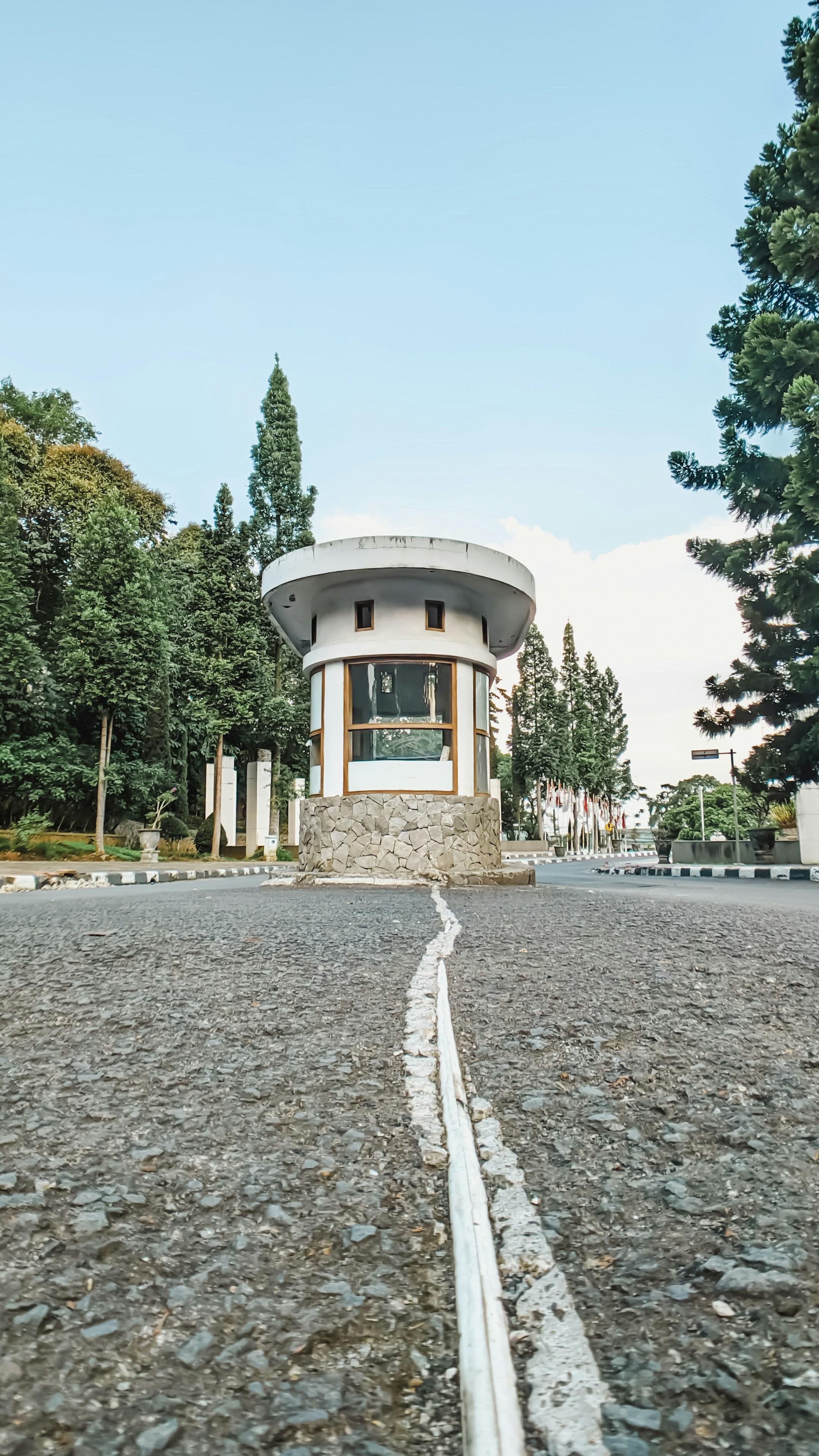 Low angle view of an old-styled surveillance point. Concrete-build shelter overlooking the entry-junction gateway