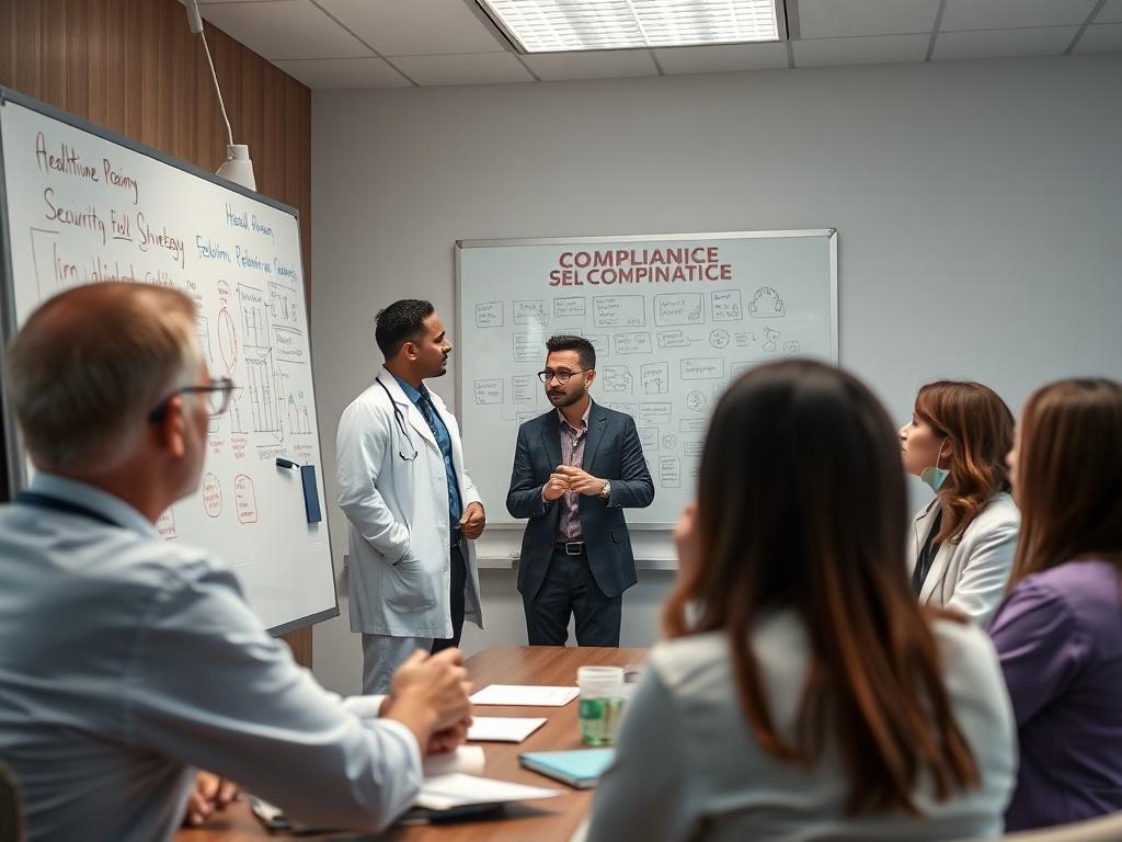 A healthcare team in a conference room discussing compliance strategies. The scene showcases a whiteboard filled with notes and diagrams, emphasizing teamwork and focus. A diverse group of professionals is engaged in conversation, highlighting the importance of security in healthcare.