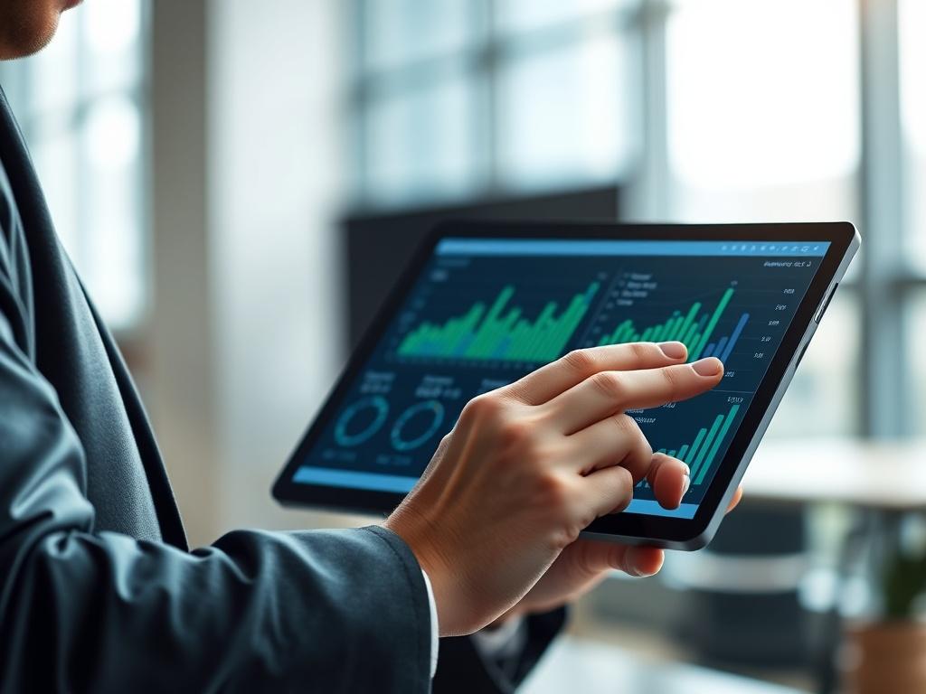 A high-resolution close-up shot of a professional consultant analyzing data on a tablet, with graphs and charts displayed on the screen. The background is softly blurred, featuring a modern office setting with natural light. The consultant appears focused and engaged, wearing business attire, showcasing a sense of expertise and professionalism. The color theme incorporates shades of blue and green to align with the primary color rgb(4, 104, 120).