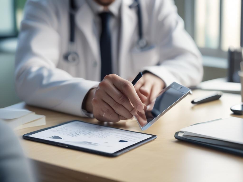 A close-up shot of a healthcare professional analyzing data on a tablet, seated at a modern desk with a soothing, organized workspace. The background features a calming color palette, emphasizing a sense of efficiency and focus. The lighting is warm and inviting, enhancing the clarity of the tablet screen, where charts and graphs are visible. The image is captured with a 45mm f/1.2 lens style to create a hyper-realistic effect.