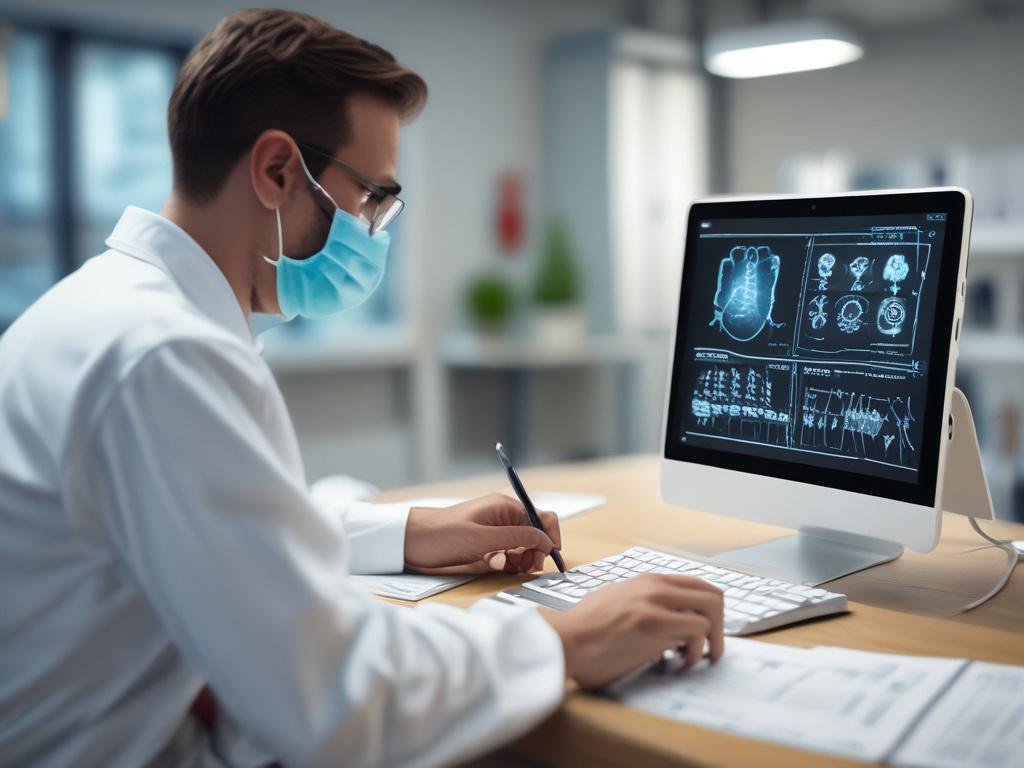 A close-up shot of a focused healthcare professional reviewing digital data on a tablet in a modern clinic setting. The background features a clean, organized workspace with medical equipment subtly visible. The lighting is bright and inviting, emphasizing the professional's concentration and the technology in use. The color palette aligns with rgb(4, 104, 120), creating a fresh and efficient atmosphere.