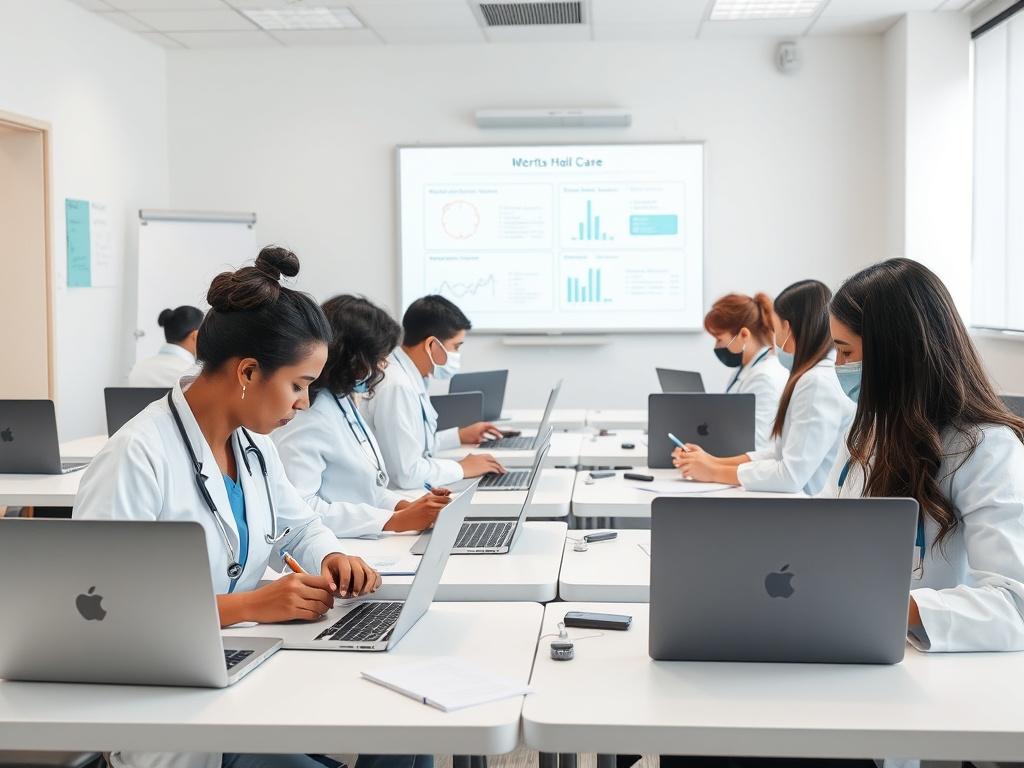 A classroom workshop setting with doctors actively engaged in learning. There are several doctors seated at desks with laptops open in front of them. The room is well-lit and organized, with a whiteboard at the front displaying relevant healthcare data. The doctors, diverse in gender and ethnicity, are focused and taking notes, showcasing a collaborative environment. The overall composition is simple and clean, emphasizing the doctors and their laptops, with minimal distractions in the background.