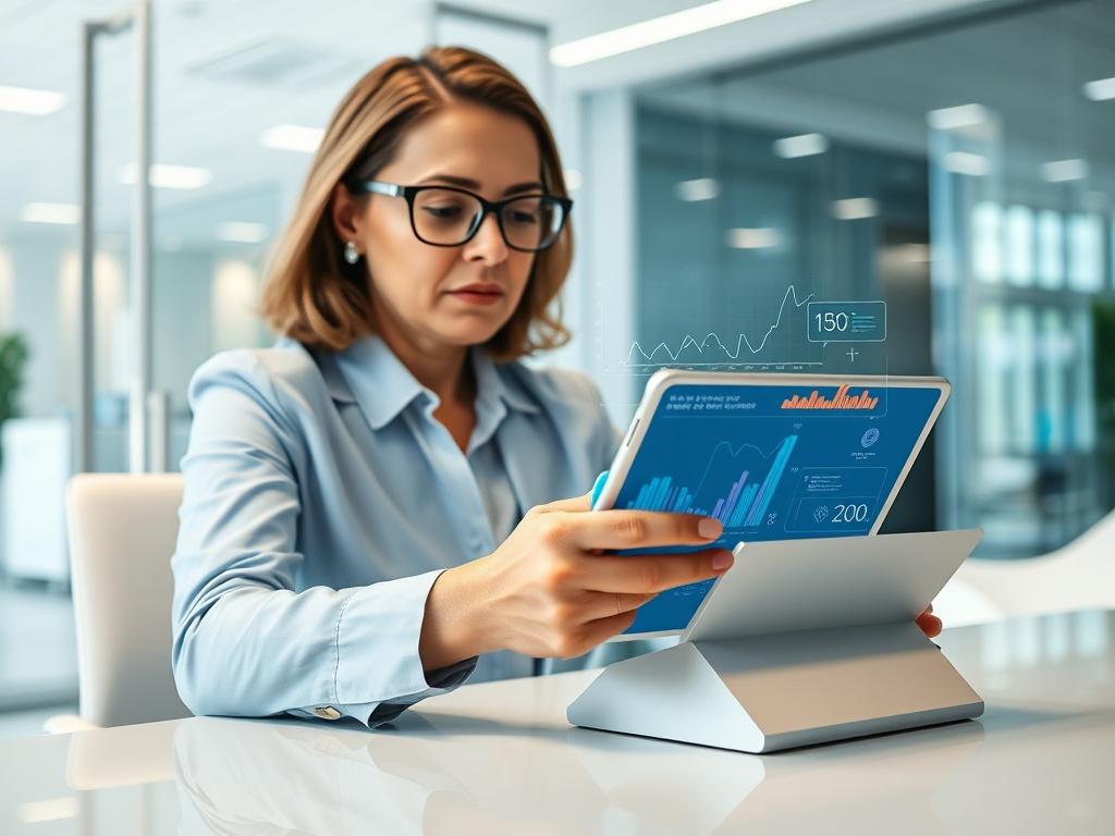 A hyper-realistic close-up shot of a professional consultant analyzing AI data on a digital tablet. The consultant, a middle-aged woman with glasses, sits at a sleek modern desk in a bright office environment. The background shows a blurred view of a healthcare facility, hinting at the integration of technology and healthcare. The composition is clean and focused on the tablet screen, displaying graphs and data analytics, with the primary color scheme reflecting rgb(4, 104, 120).