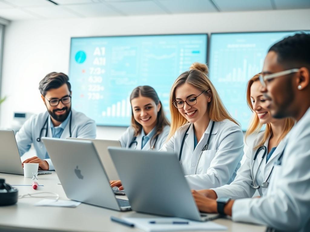A focused close-up shot of a diverse group of healthcare professionals engaged in a collaborative AI training session. The scene features a bright, modern classroom with a large screen displaying AI-related graphics in the background. The professionals are actively discussing and exploring AI tools on their laptops, showcasing a blend of enthusiasm and concentration. The color palette includes shades of teal and white, reflecting the business's branding, with an emphasis on a clean and organized environment